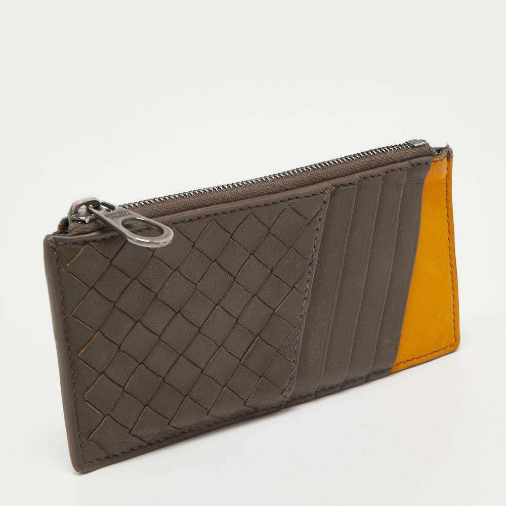 BOTTEGA VENETA Brown/Yellow Intrecciato Leather Zip Card Holder - Picture 3 of 8